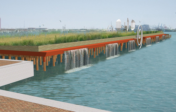 Simulation of Chase Pier with wetland, waterfalls, and kinetic sculpture