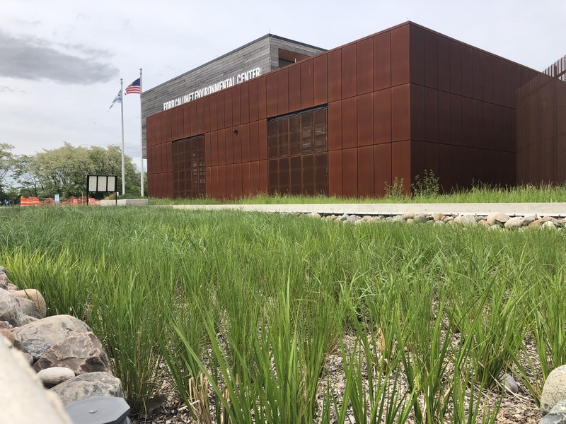 a constructed wetland near the entrance of Ford Calumet Environmental Center treats the building's wastewater